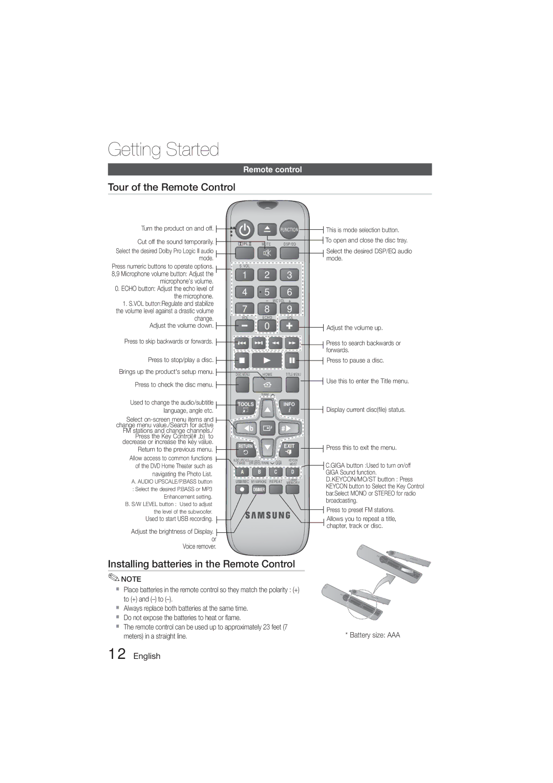 Samsung HT-E355K/UM, HT-E350K/ZN Tour of the Remote Control, Installing batteries in the Remote Control, Remote control 