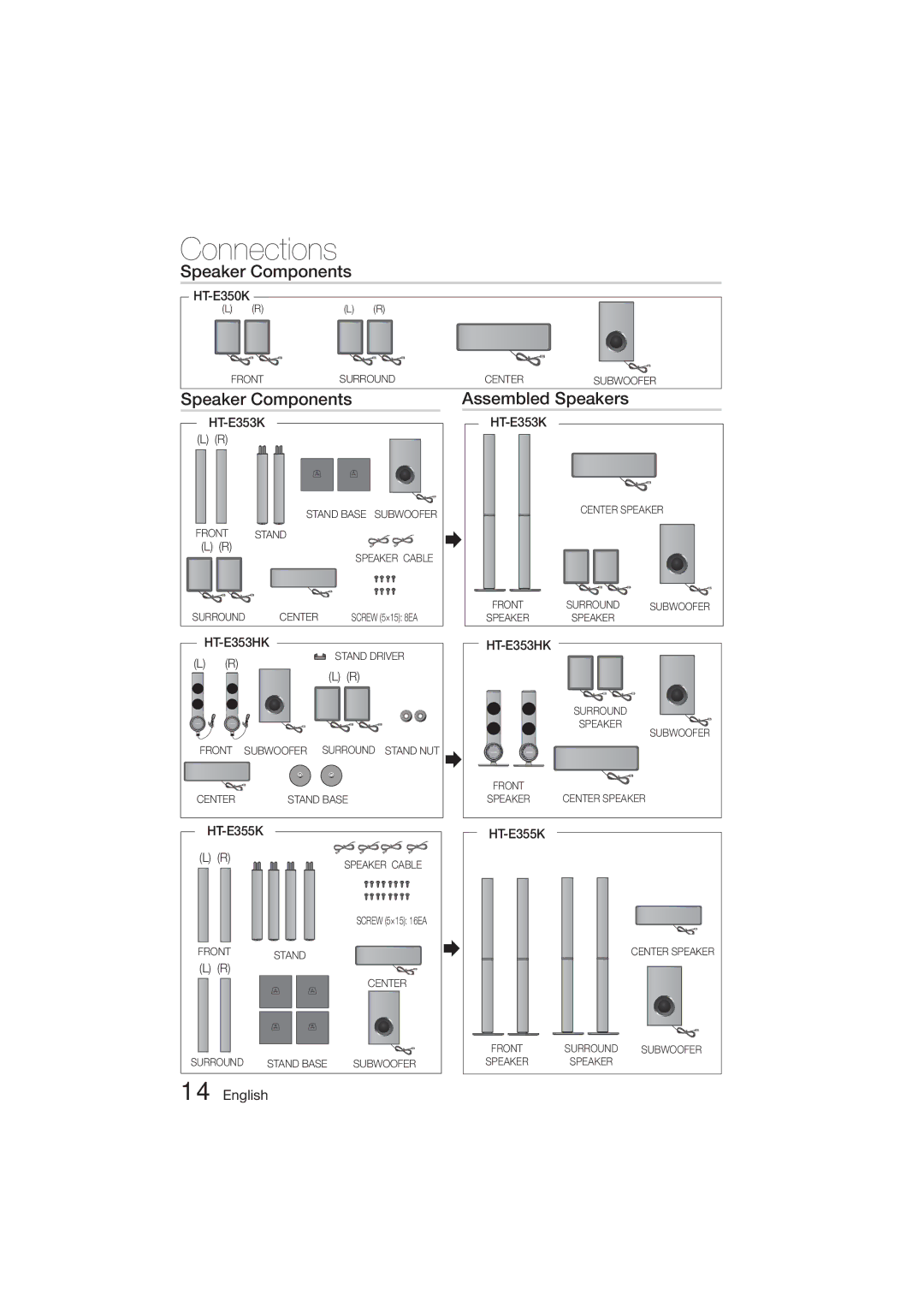 Samsung HT-E355K/ZN, HT-E350K/ZN, HT-E355K/HC, HT-E350K/UM, HT-E355K/UM Speaker Components Assembled Speakers, HT-E353HK 