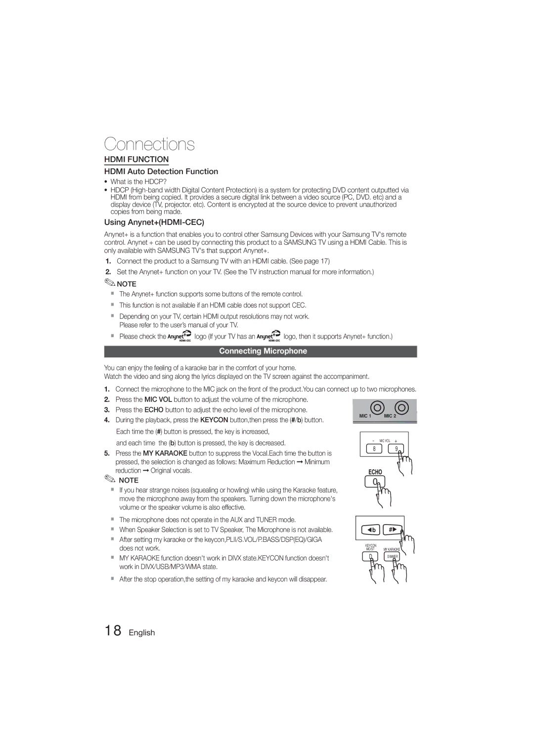 Samsung HT-E350K/ZN, HT-E355K/HC, HT-E350K/UM, HT-E355K/UM, HT-E350K/SJ manual Using Anynet+HDMI-CEC, Connecting Microphone 