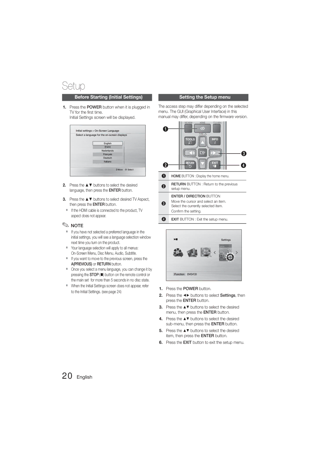 Samsung HT-E350K/UM, HT-E350K/ZN, HT-E355K/HC, HT-E355K/UM manual Before Starting Initial Settings, Setting the Setup menu 