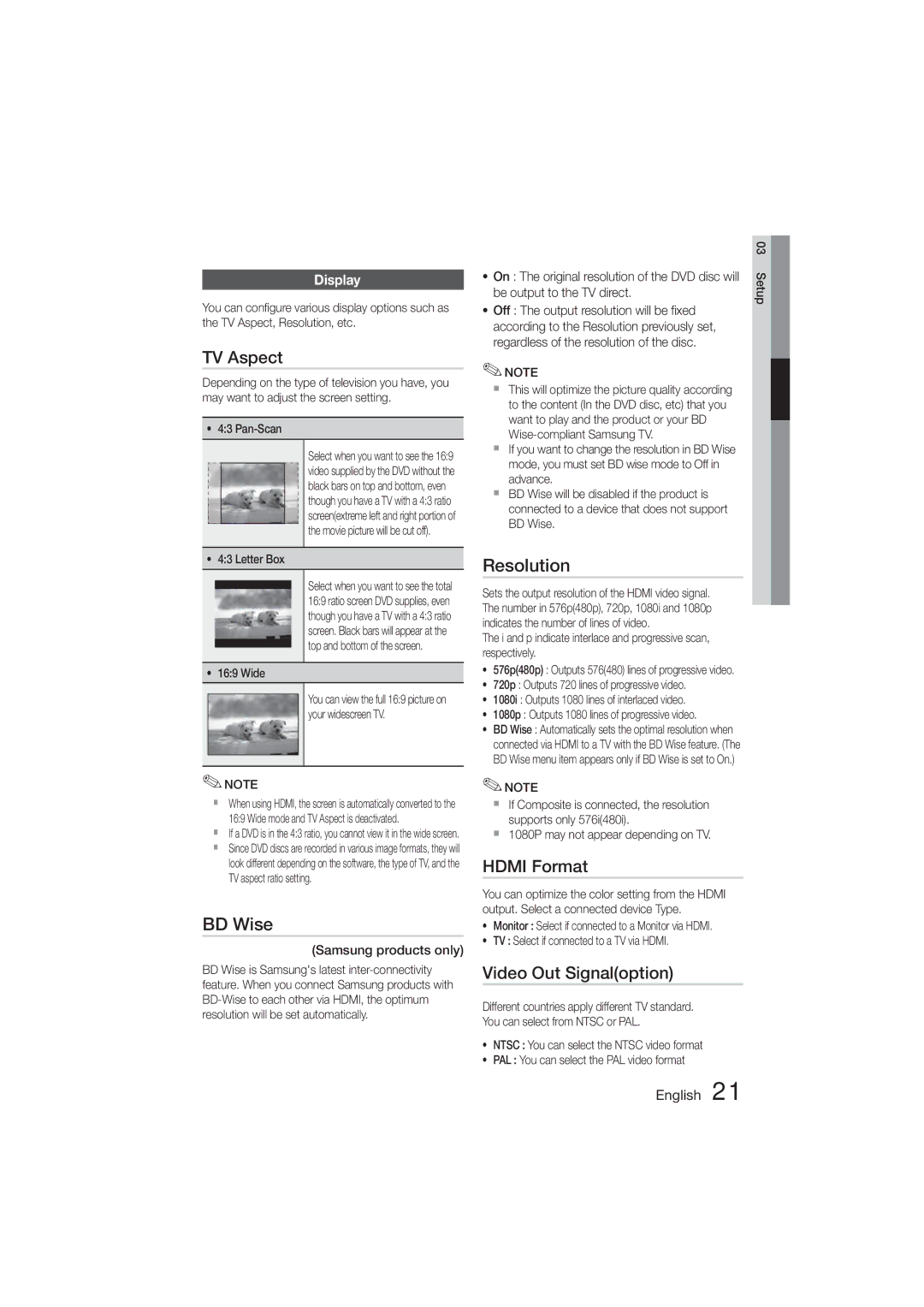 Samsung HT-E355K/UM, HT-E350K/ZN, HT-E355K/HC manual TV Aspect, BD Wise, Resolution, Hdmi Format, Video Out Signaloption 