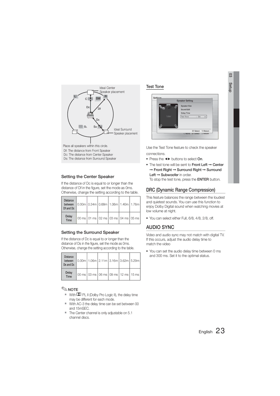 Samsung HT-E355K/ZN DRC Dynamic Range Compression, Setting the Center Speaker, Setting the Surround Speaker, Test Tone 