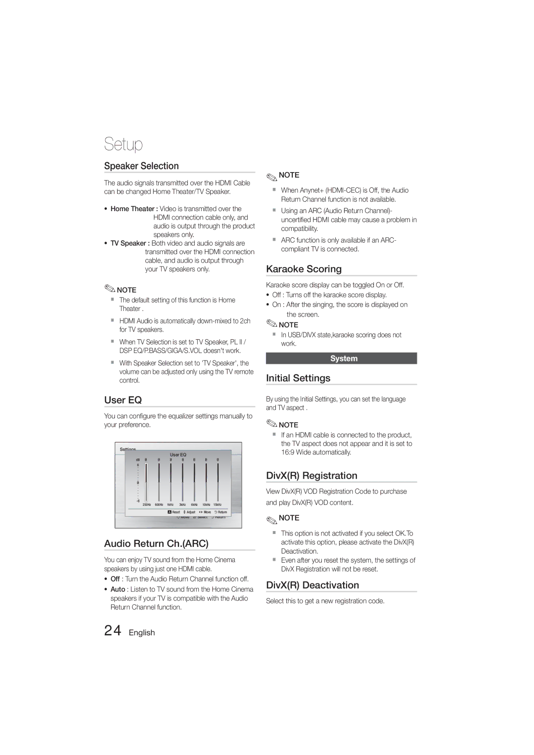 Samsung HT-E355K/SH Speaker Selection, User EQ, Audio Return Ch.ARC, Karaoke Scoring, Initial Settings, DivXR Registration 