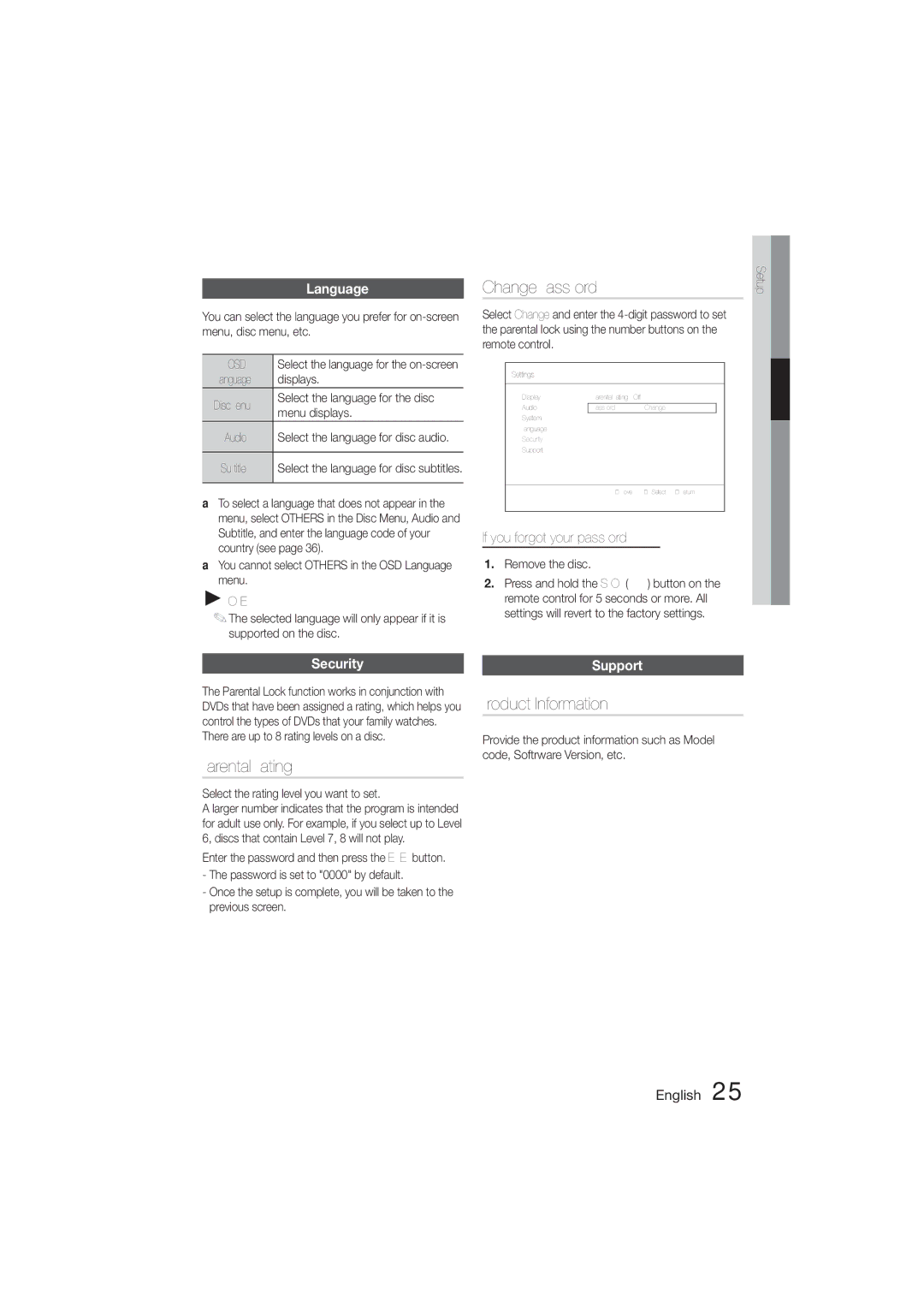 Samsung HT-E350K/XV, HT-E350K/ZN, HT-E355K/HC, HT-E350K/UM Parental Rating, Product Information, Language, Security, Support 