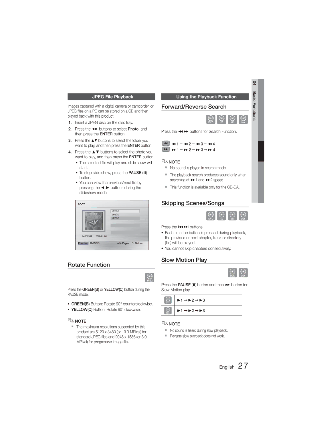 Samsung HT-E350K/ZN, HT-E355K/HC manual Forward/Reverse Search, Skipping Scenes/Songs, Rotate Function, Slow Motion Play 