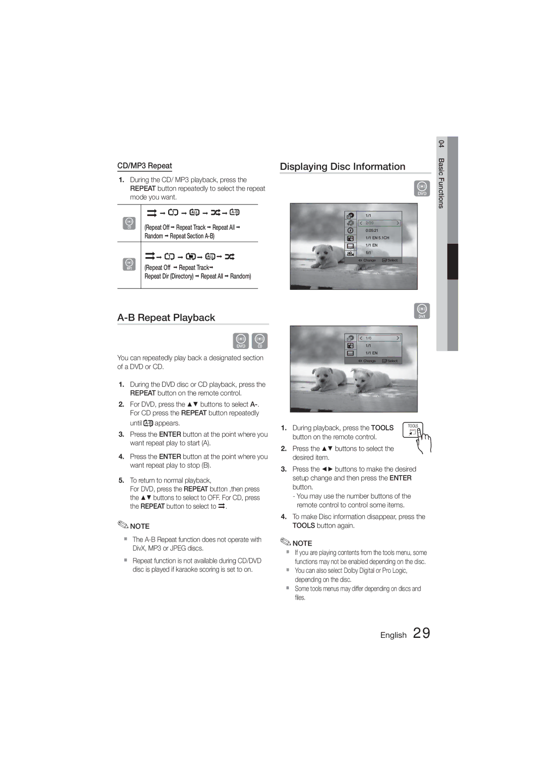 Samsung HT-E350K/UM, HT-E350K/ZN, HT-E355K/HC Displaying Disc Information, CD/MP3 Repeat, During playback, press the Tools 