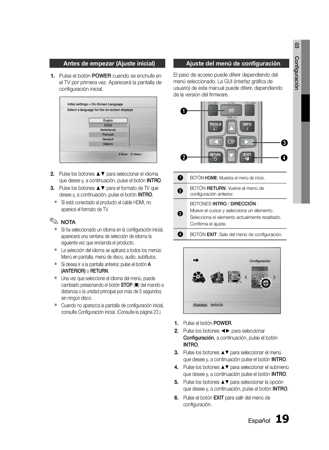 Samsung HT-E350K/ZN manual Antes de empezar Ajuste inicial, Ajuste del menú de configuración, Pulse el botón Power, Intro 