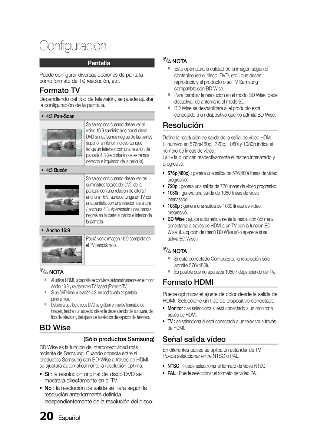 Samsung HT-E350/ZF, HT-E355/ZF, HT-E350K/ZN manual Configuración, Formato TV, Resolución, Señal salida vídeo, Pantalla 