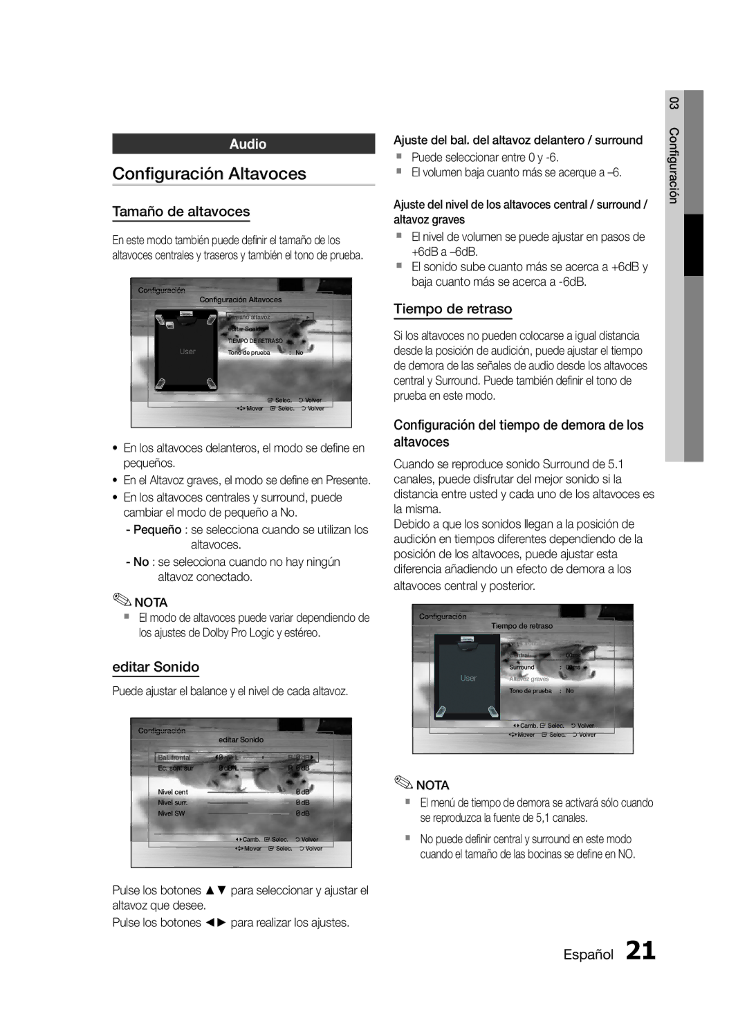 Samsung HT-E355/ZF, HT-E350/ZF, HT-E350K/ZN Configuración Altavoces, Tamaño de altavoces, Editar Sonido, Tiempo de retraso 