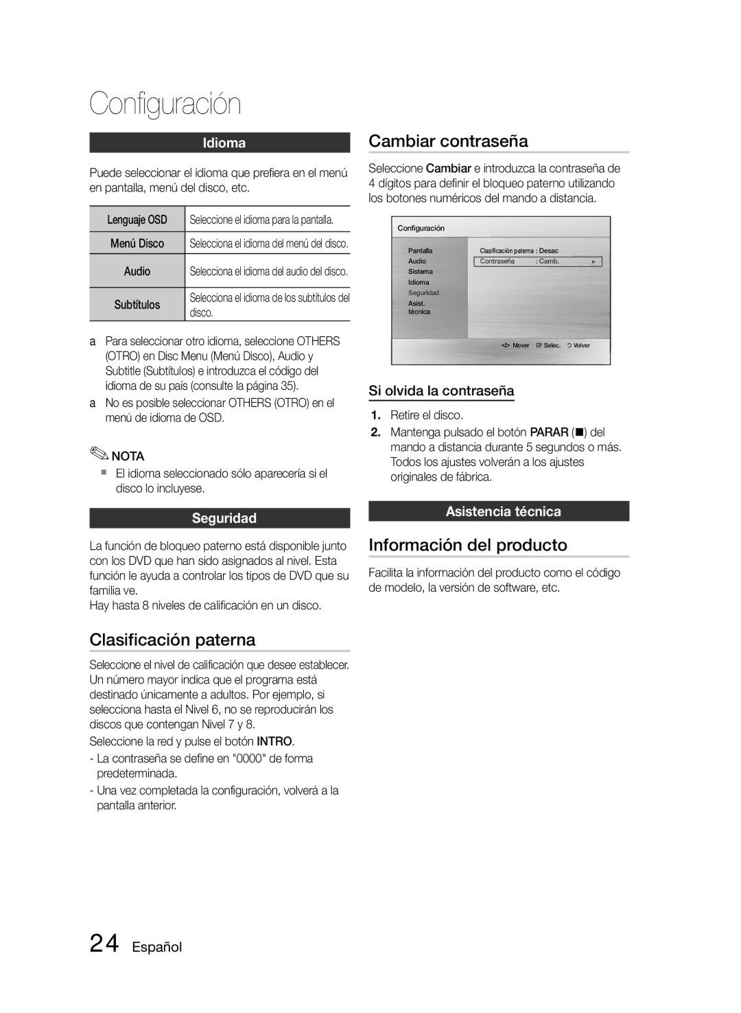 Samsung HT-E355/ZF, HT-E350/ZF, HT-E350K/ZN manual Clasificación paterna, Cambiar contraseña, Información del producto 