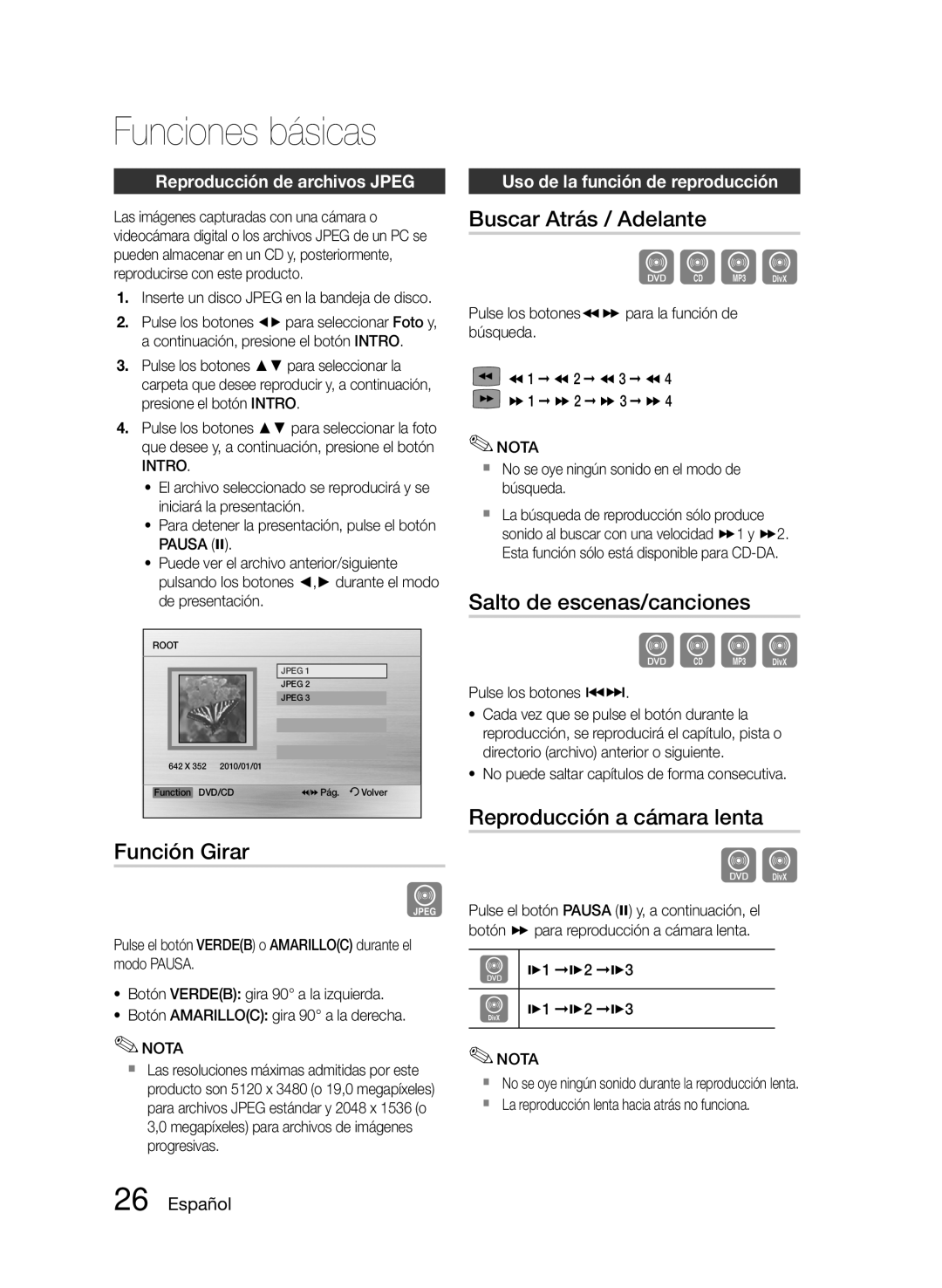 Samsung HT-E350/ZF, HT-E355/ZF manual Funciones básicas, Función Girar, Buscar Atrás / Adelante, Salto de escenas/canciones 