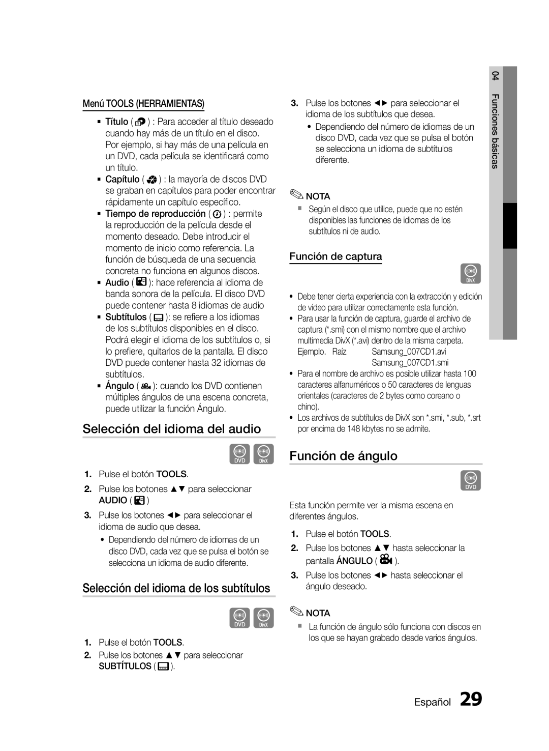 Samsung HT-E350/ZF manual Selección del idioma del audio, Función de ángulo, Menú Tools Herramientas, Función de captura 