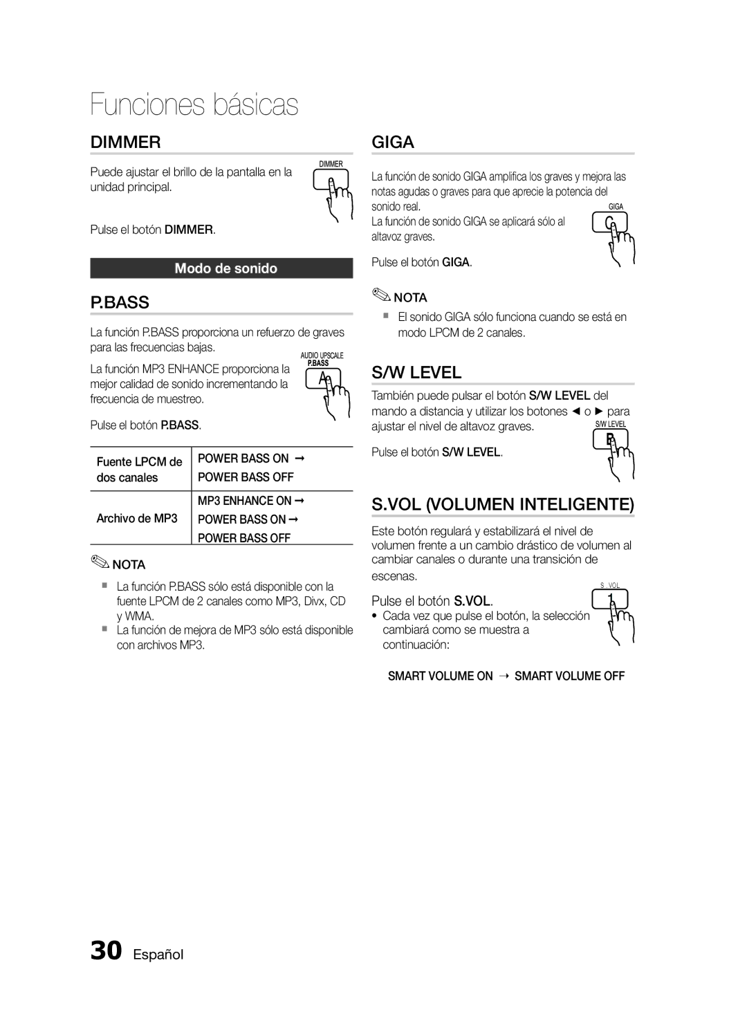 Samsung HT-E355/ZF, HT-E350/ZF, HT-E350K/ZN manual VOL Volumen Inteligente, Modo de sonido, Pulse el botón S.VOL 