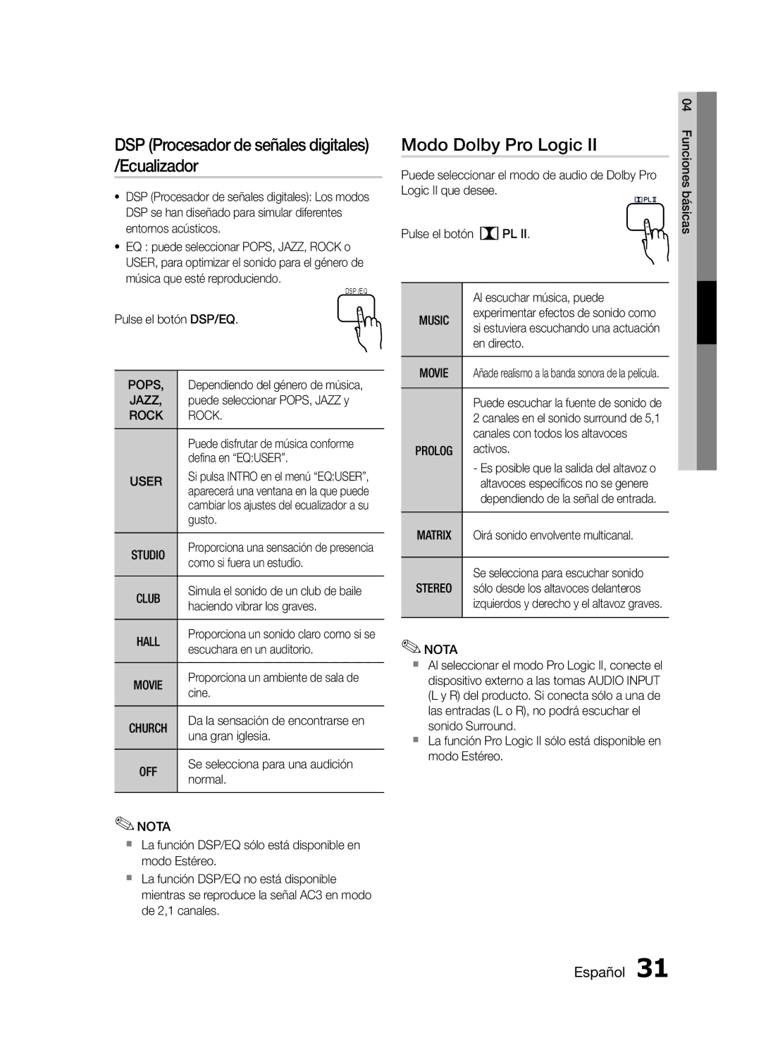 Samsung HT-E350K/ZN, HT-E350/ZF, HT-E355/ZF manual DSP Procesador de señales digitales /Ecualizador, Matrix, Stereo 