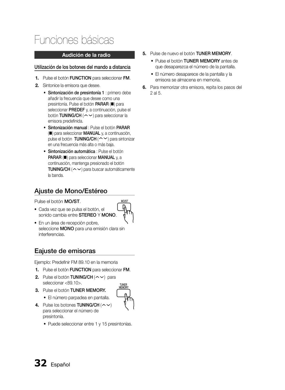 Samsung HT-E350/ZF, HT-E355/ZF, HT-E350K/ZN manual Ajuste de Mono/Estéreo, Eajuste de emisoras, Audición de la radio 