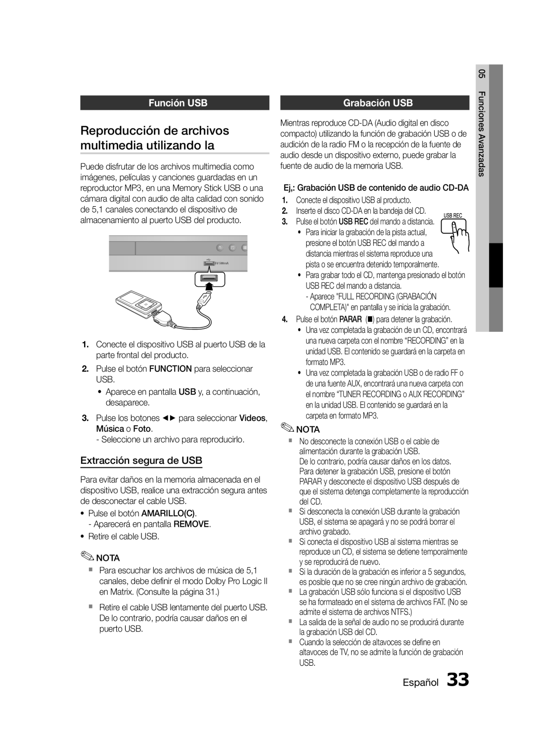 Samsung HT-E355/ZF Reproducción de archivos, Multimedia utilizando la, Función USB Grabación USB, Extracción segura de USB 