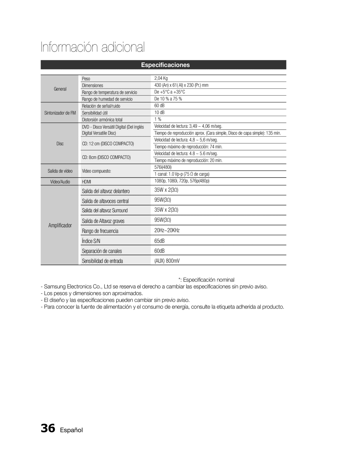 Samsung HT-E355/ZF, HT-E350/ZF, HT-E350K/ZN manual Especificaciones 