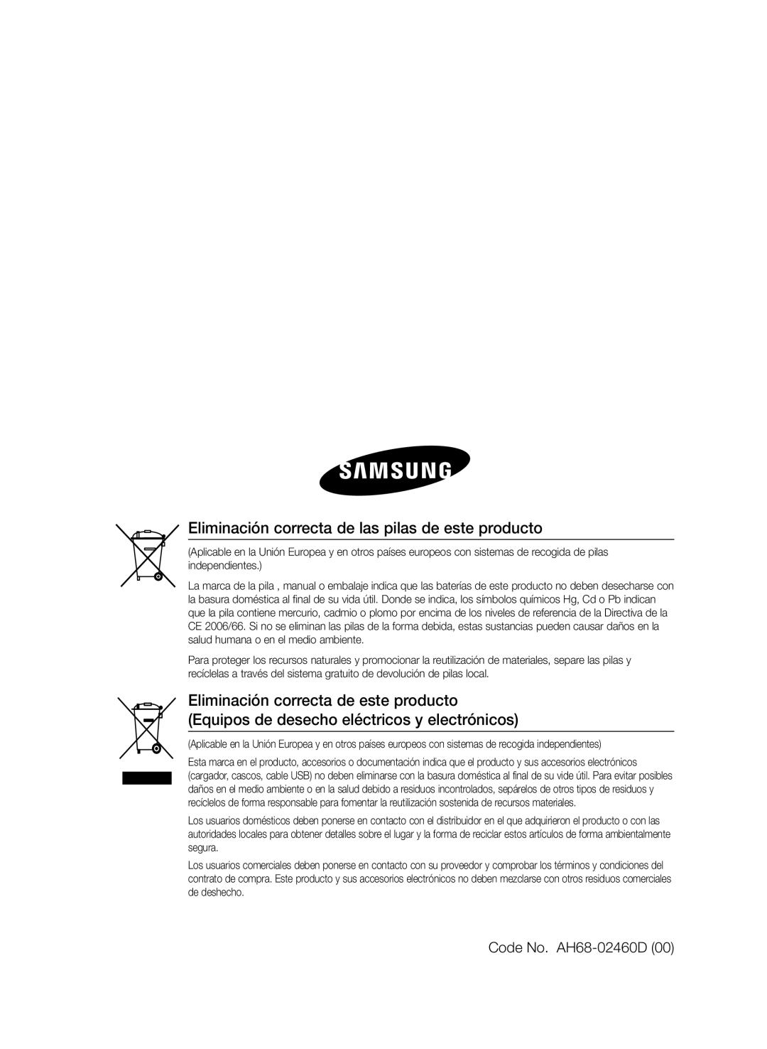 Samsung HT-E350/ZF, HT-E355/ZF, HT-E350K/ZN manual Eliminación correcta de las pilas de este producto, Code No. AH68-02460D 