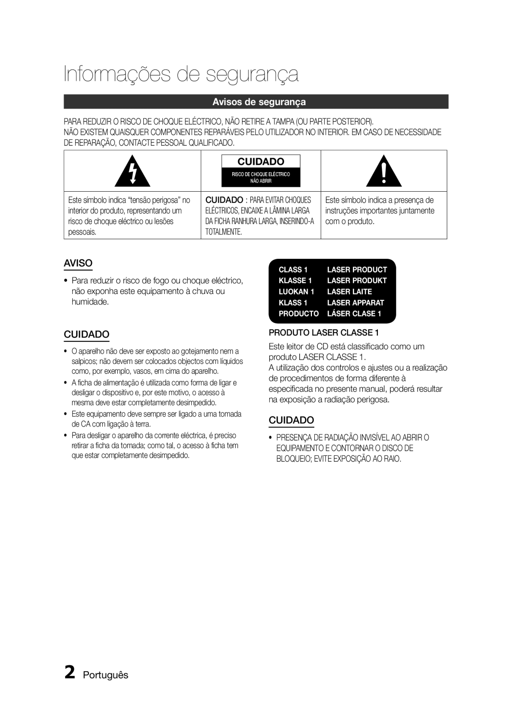 Samsung HT-E350K/ZN, HT-E350/ZF Informações de segurança, Avisos de segurança, Português, Totalmente, Produto Laser Classe 