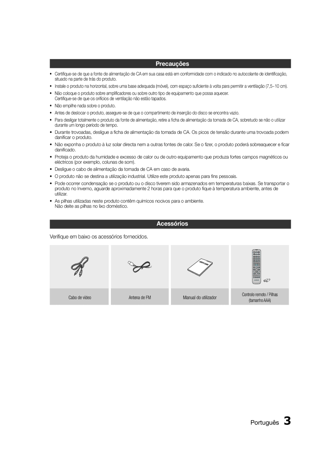 Samsung HT-E350/ZF, HT-E355/ZF, HT-E350K/ZN manual Precauções, Acessórios, Verifique em baixo os acessórios fornecidos 