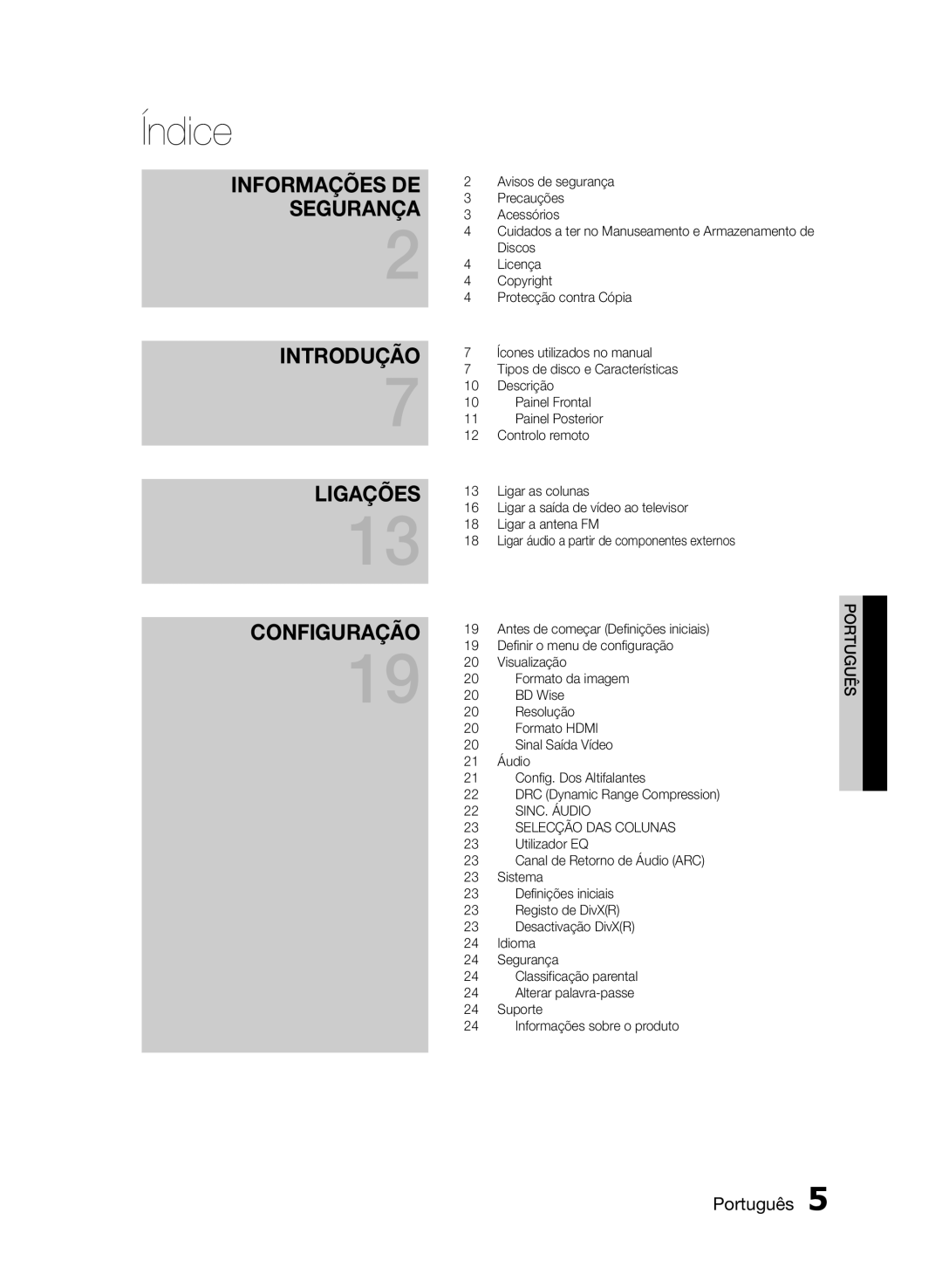 Samsung HT-E350K/ZN, HT-E350/ZF, HT-E355/ZF manual Informações DE Segurança Introdução Ligações Configuração 