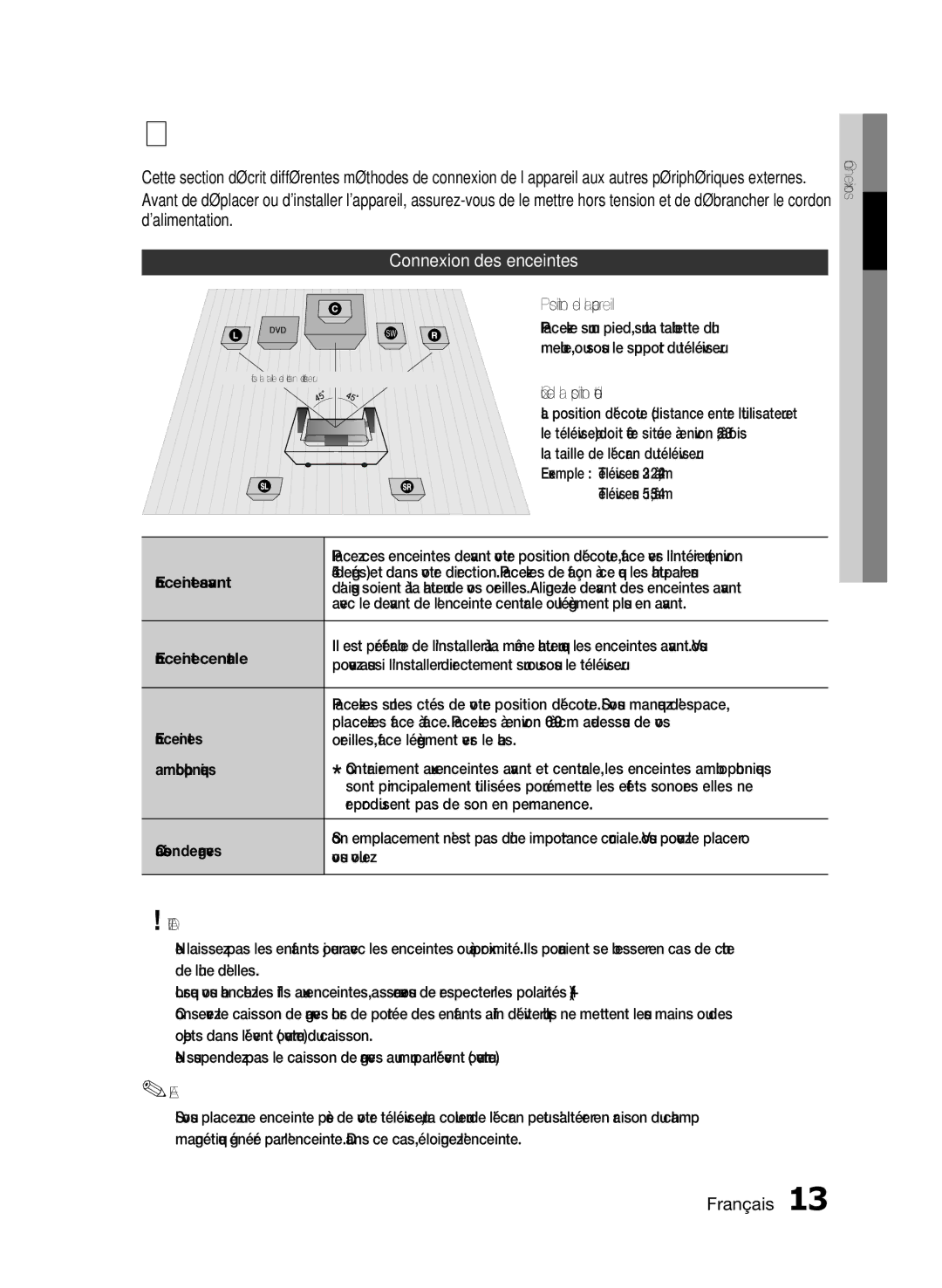 Samsung HT-E355/ZF, HT-E350/ZF, HT-E350K/ZN manual Connexions, Connexion des enceintes 