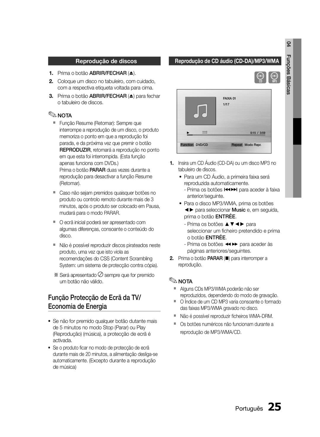 Samsung HT-E355/ZF, HT-E350/ZF, HT-E350K/ZN manual Função Protecção de Ecrã da TV/ Economia de Energia, Reprodução de discos 