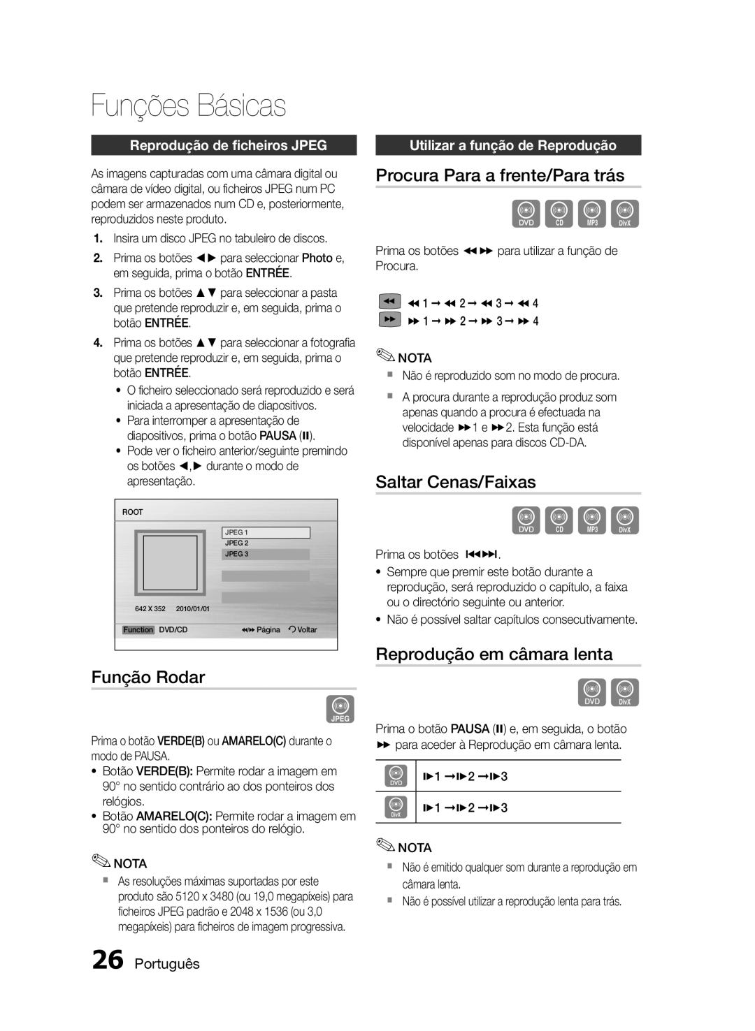 Samsung HT-E350K/ZN, HT-E350/ZF manual Funções Básicas, Função Rodar, Procura Para a frente/Para trás, Saltar Cenas/Faixas 