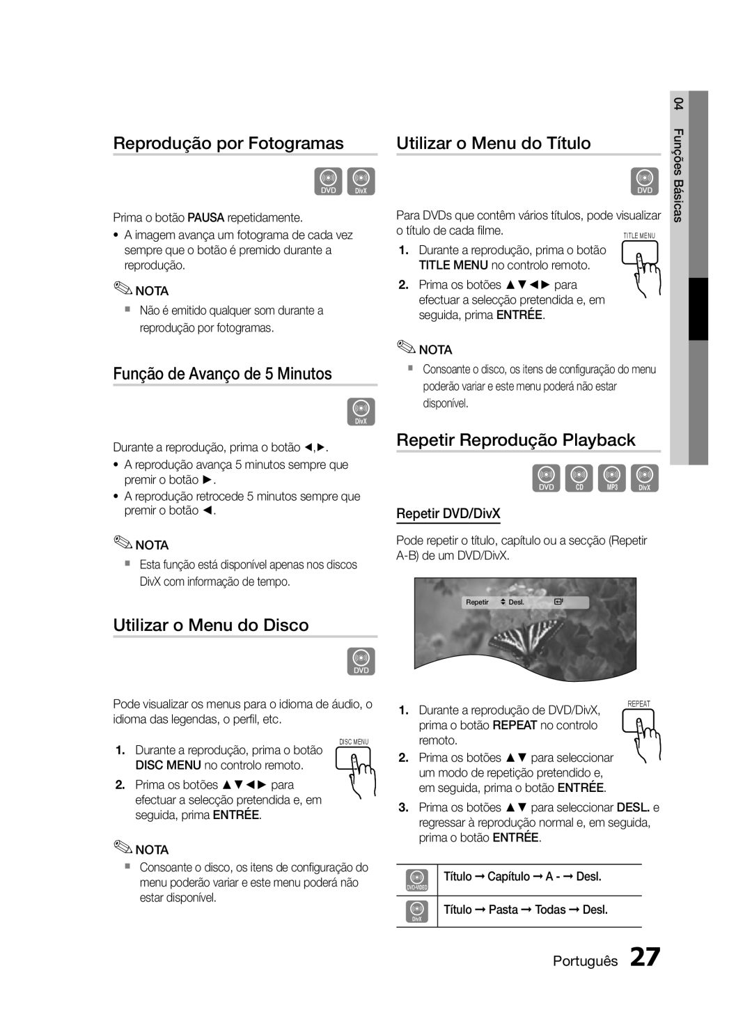 Samsung HT-E350/ZF, HT-E355/ZF manual Reprodução por Fotogramas, Função de Avanço de 5 Minutos, Repetir Reprodução Playback 