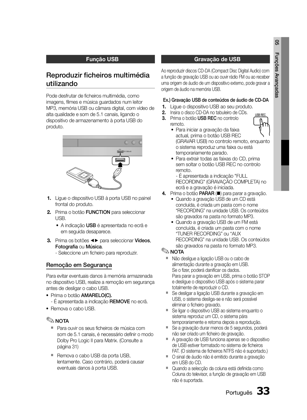 Samsung HT-E350/ZF manual Reproduzir ficheiros multimédia, Utilizando, Função USB Gravação de USB, Remoção em Segurança 