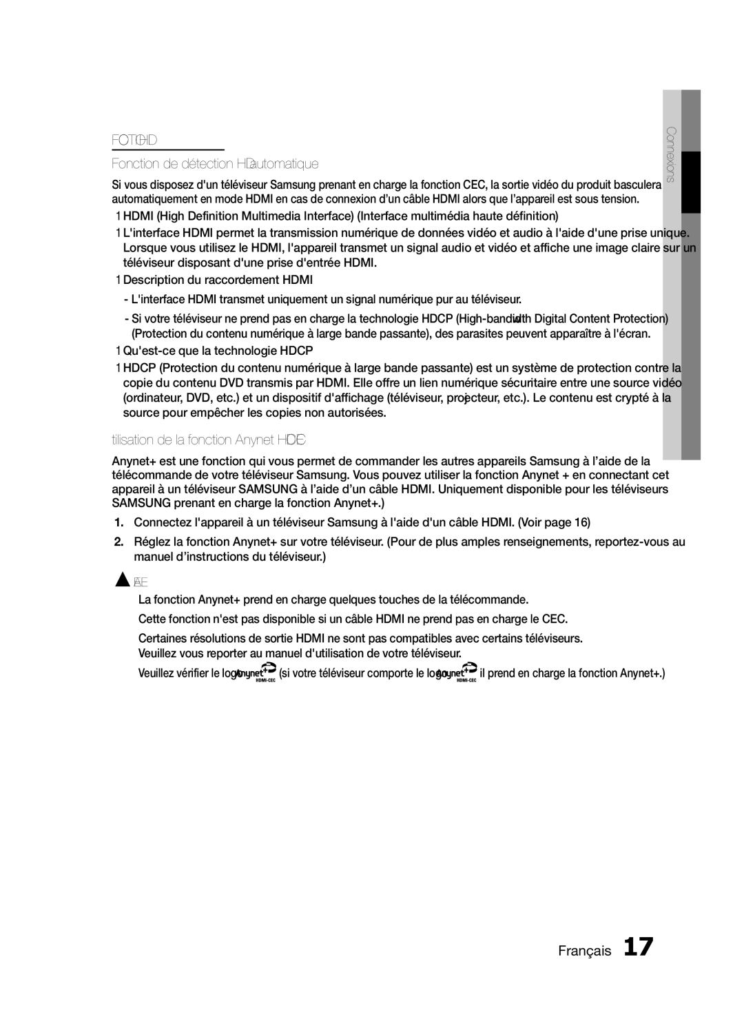 Samsung HT-E350K/ZN manual Fonction de détection Hdmi automatique, Utilisation de la fonction Anynet+ HDMI-CEC, Connexions 