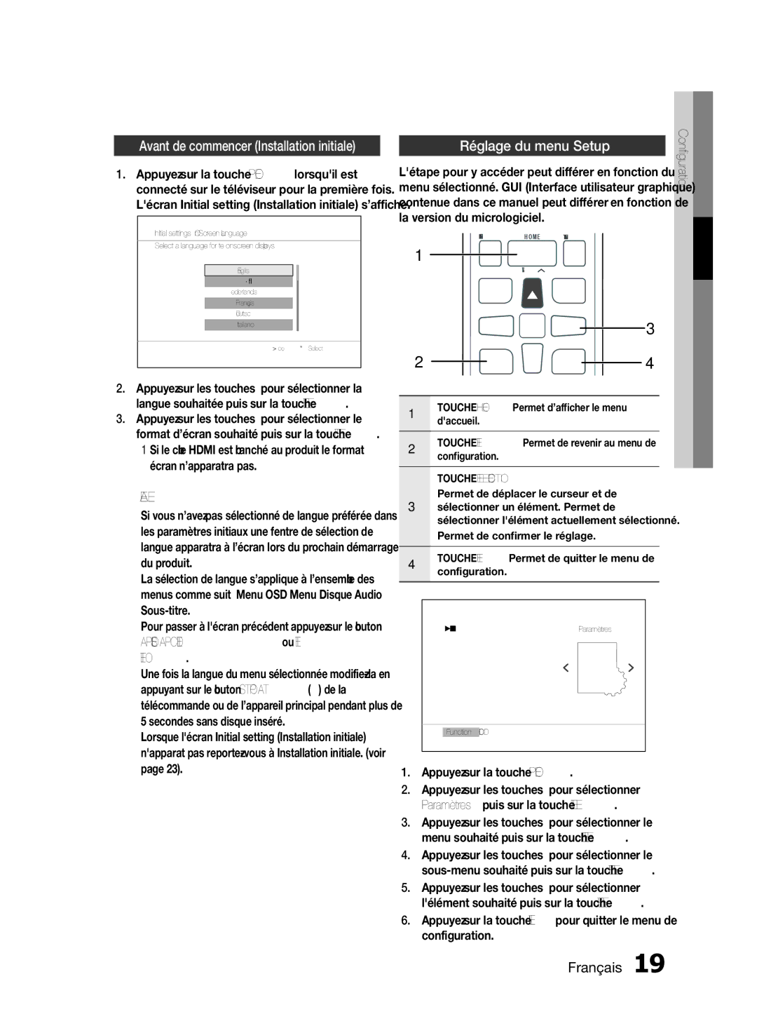 Samsung HT-E355/ZF Réglage du menu Setup, Appuyez sur la touche Power, Létape pour y accéder peut différer en fonction du 