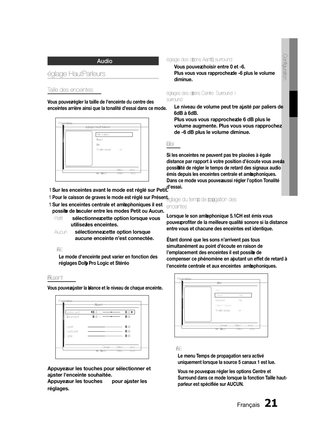 Samsung HT-E350/ZF, HT-E355/ZF, HT-E350K/ZN manual Réglage Haut-Parleurs, Audio 