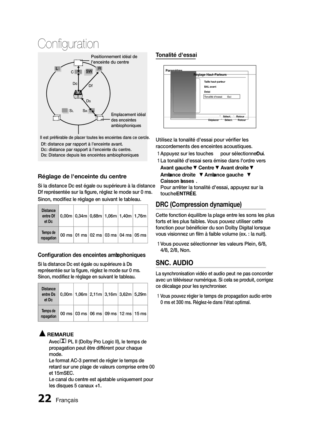 Samsung HT-E355/ZF, HT-E350/ZF DRC Compression dynamique, SYNC. Audio, Réglage de lenceinte du centre, Tonalité dessai 