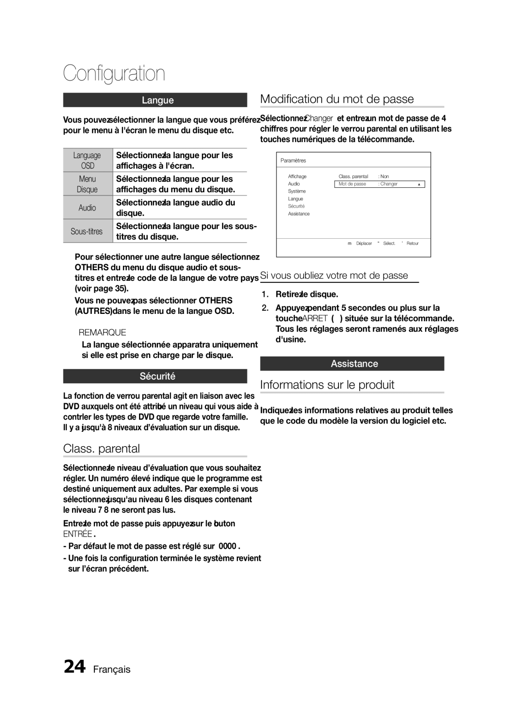 Samsung HT-E350/ZF, HT-E355/ZF, HT-E350K/ZN manual Class. parental, Modification du mot de passe, Informations sur le produit 