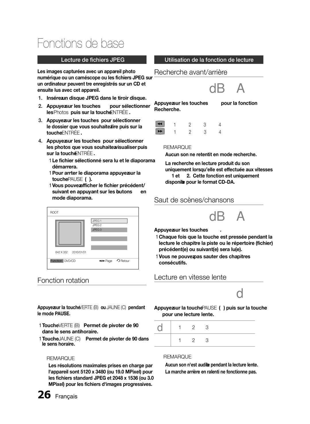 Samsung HT-E350K/ZN, HT-E350/ZF, HT-E355/ZF manual Fonctions de base, Recherche avant/arrière, Saut de scènes/chansons 