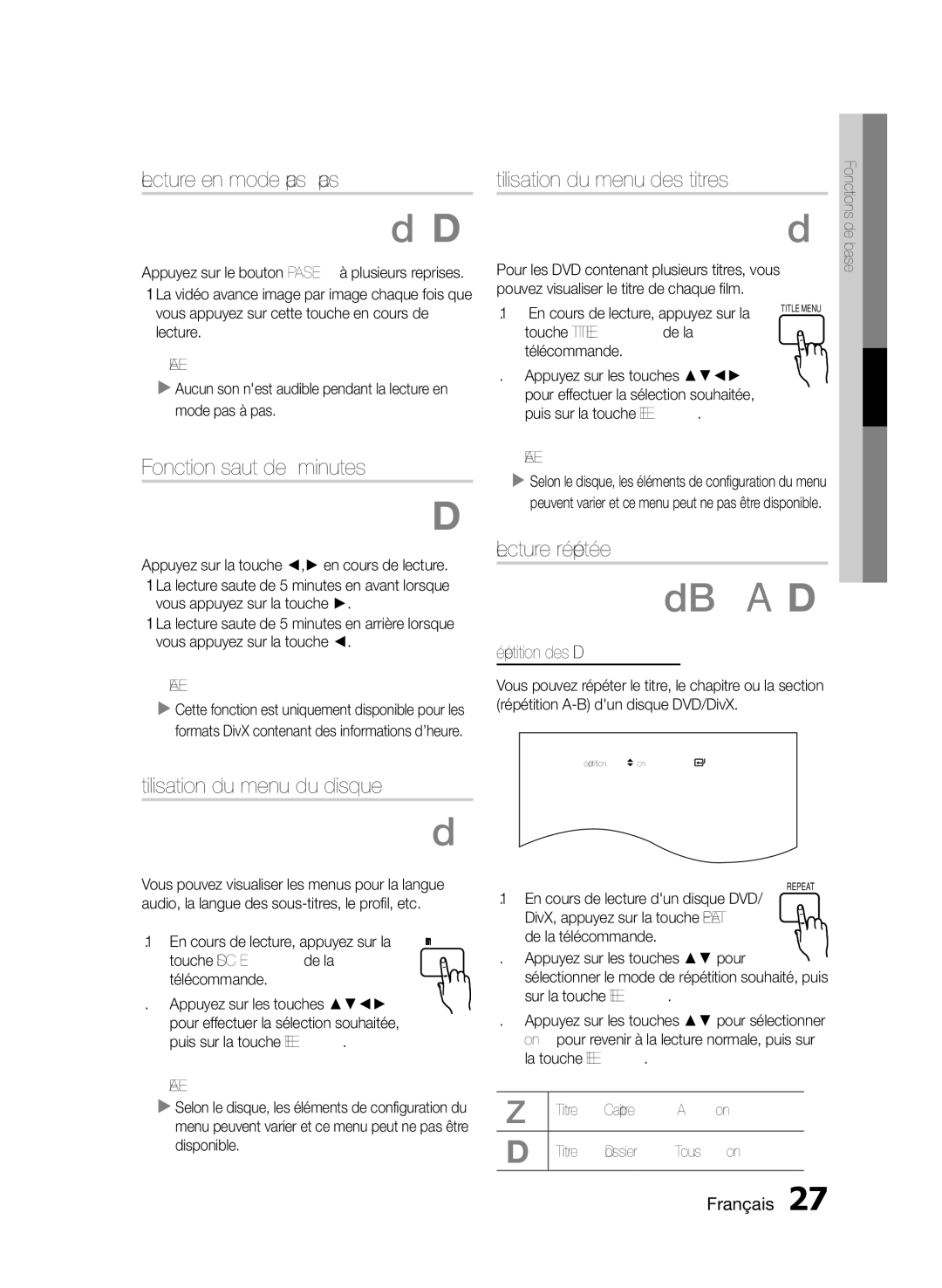 Samsung HT-E350/ZF Lecture en mode pas à pas, Fonction saut de 5 minutes, Utilisation du menu des titres, Lecture répétée 