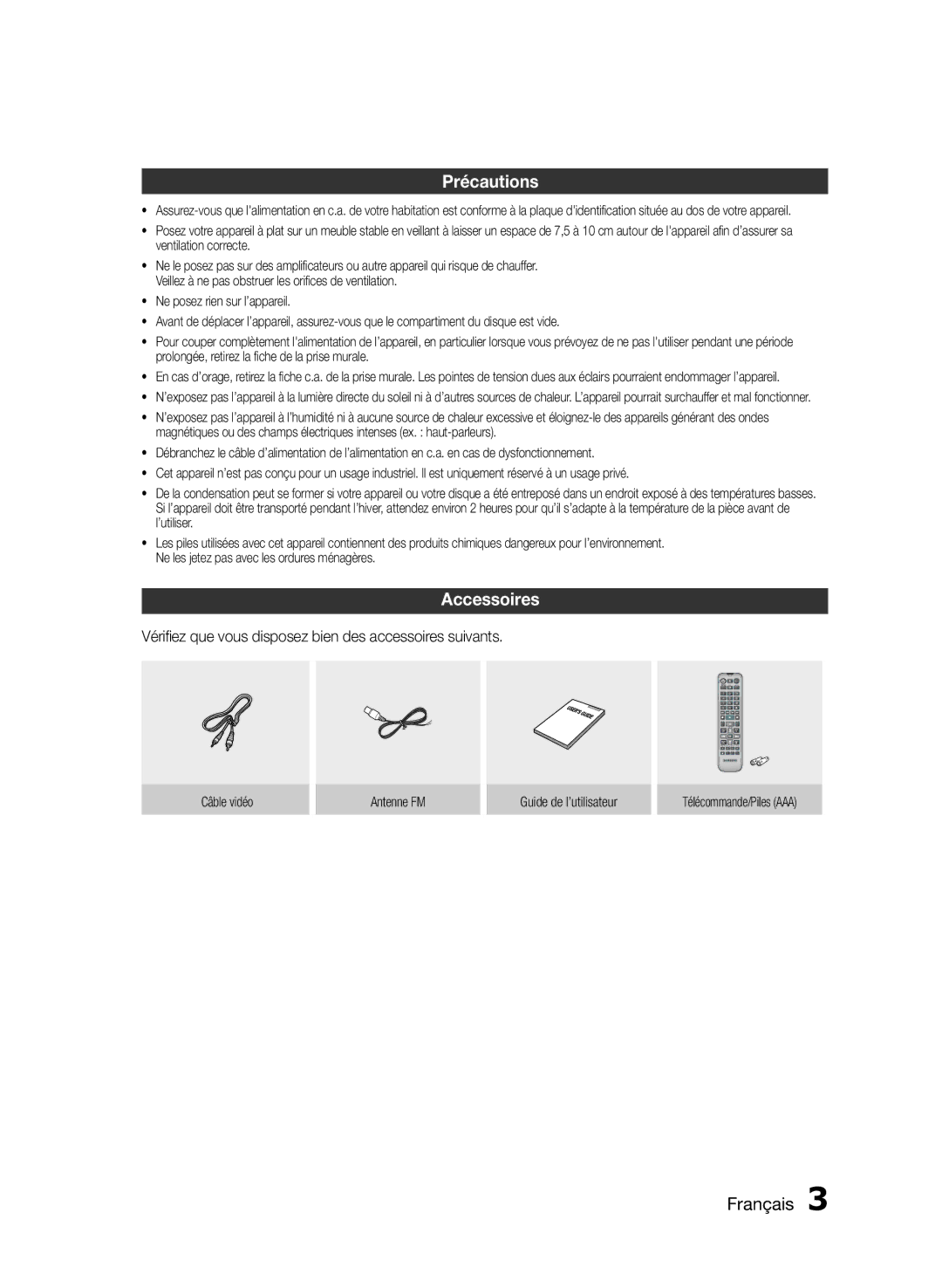 Samsung HT-E350/ZF, HT-E355/ZF manual Précautions, Accessoires, Vérifiez que vous disposez bien des accessoires suivants 