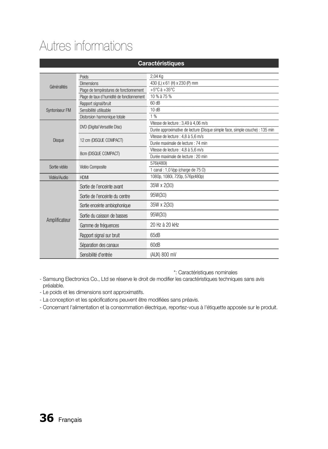 Samsung HT-E350/ZF, HT-E355/ZF Caractéristiques, Sortie de l’enceinte avant 35W x 23Ω, 95W3Ω, Sortie du caisson de basses 