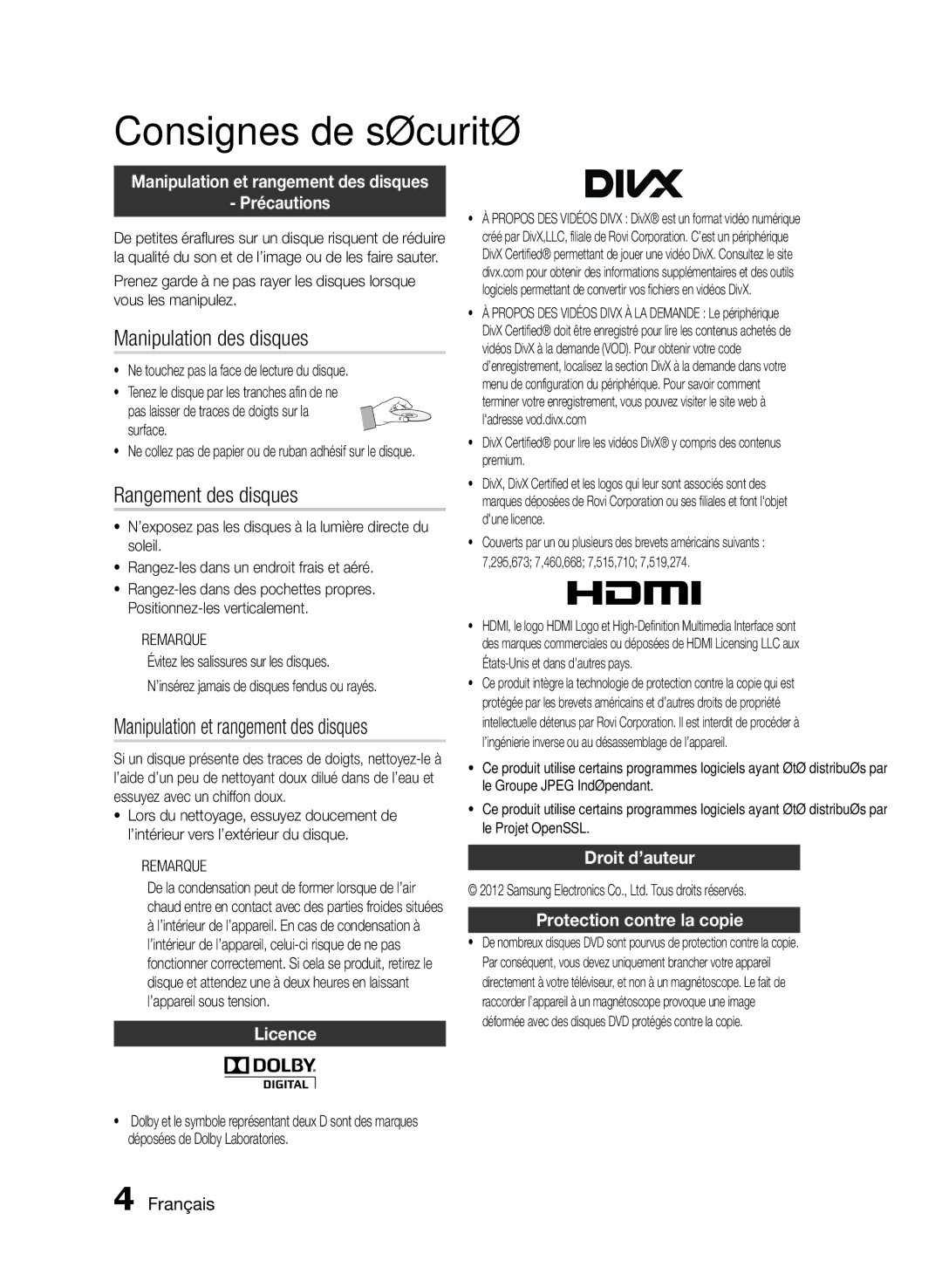 Samsung HT-E355/ZF, HT-E350/ZF manual Manipulation des disques, Rangement des disques, Manipulation et rangement des disques 