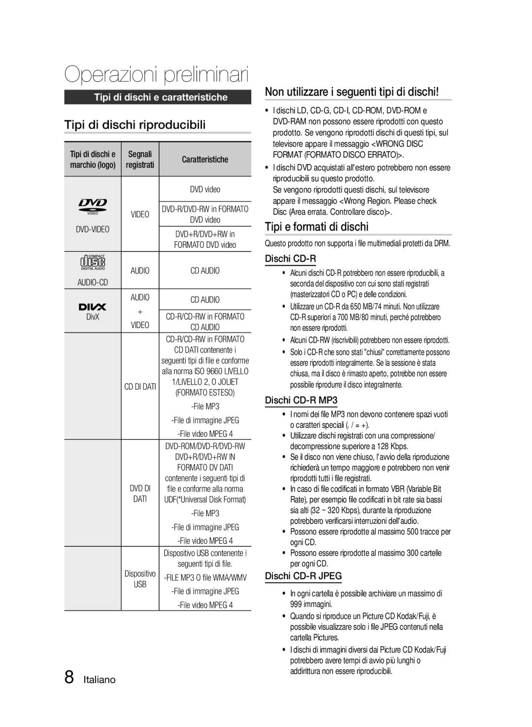 Samsung HT-E355/ZF manual Tipi di dischi riproducibili, Non utilizzare i seguenti tipi di dischi, Tipi e formati di dischi 