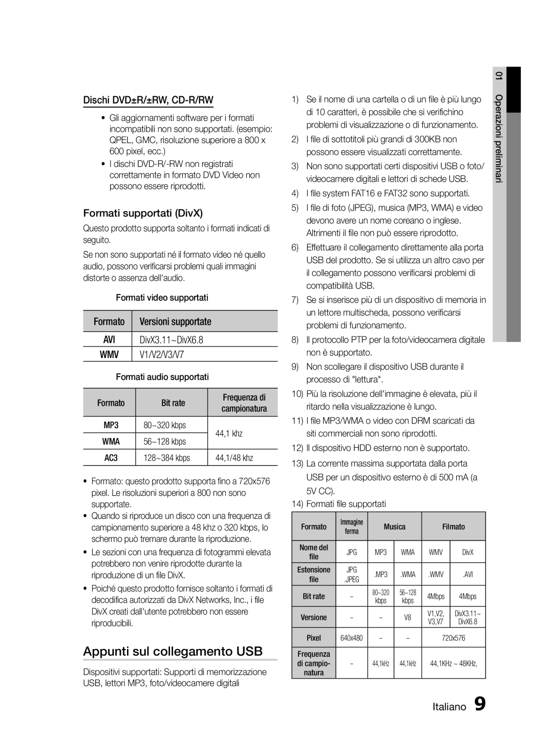 Samsung HT-E350K/ZN, HT-E350/ZF manual Appunti sul collegamento USB, Dischi DVD±R/±RW, CD-R/RW, Formati supportati DivX 