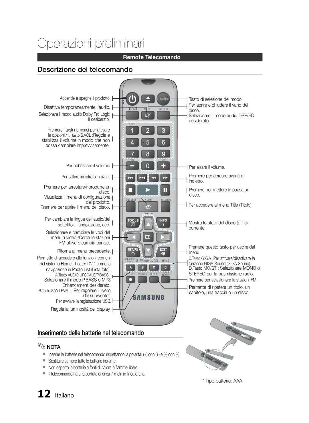 Samsung HT-E350K/ZN manual Descrizione del telecomando, Inserimento delle batterie nel telecomando, Remote Telecomando 