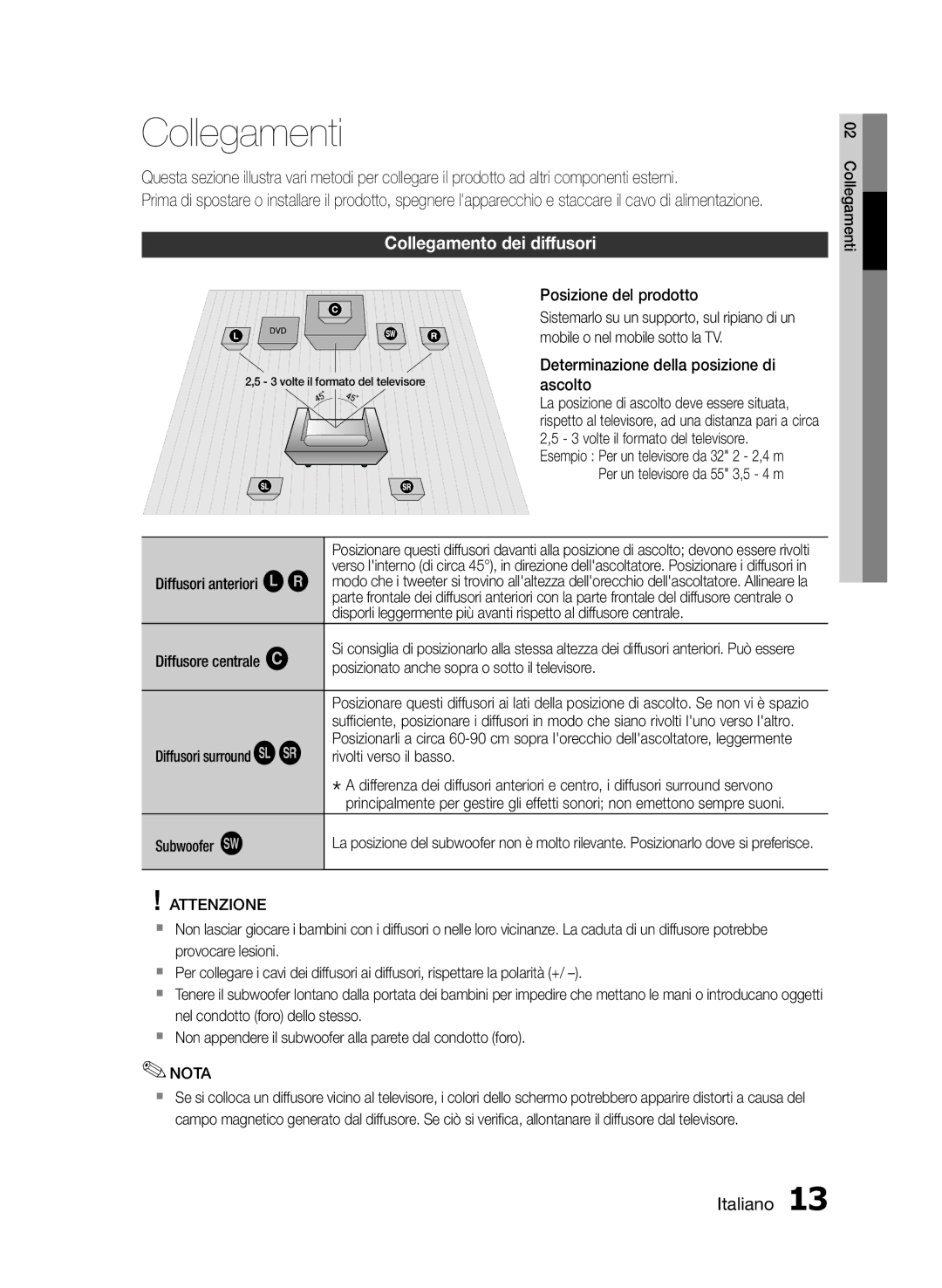 Samsung HT-E350/ZF, HT-E355/ZF, HT-E350K/ZN manual Collegamenti, Collegamento dei diffusori, Attenzione 