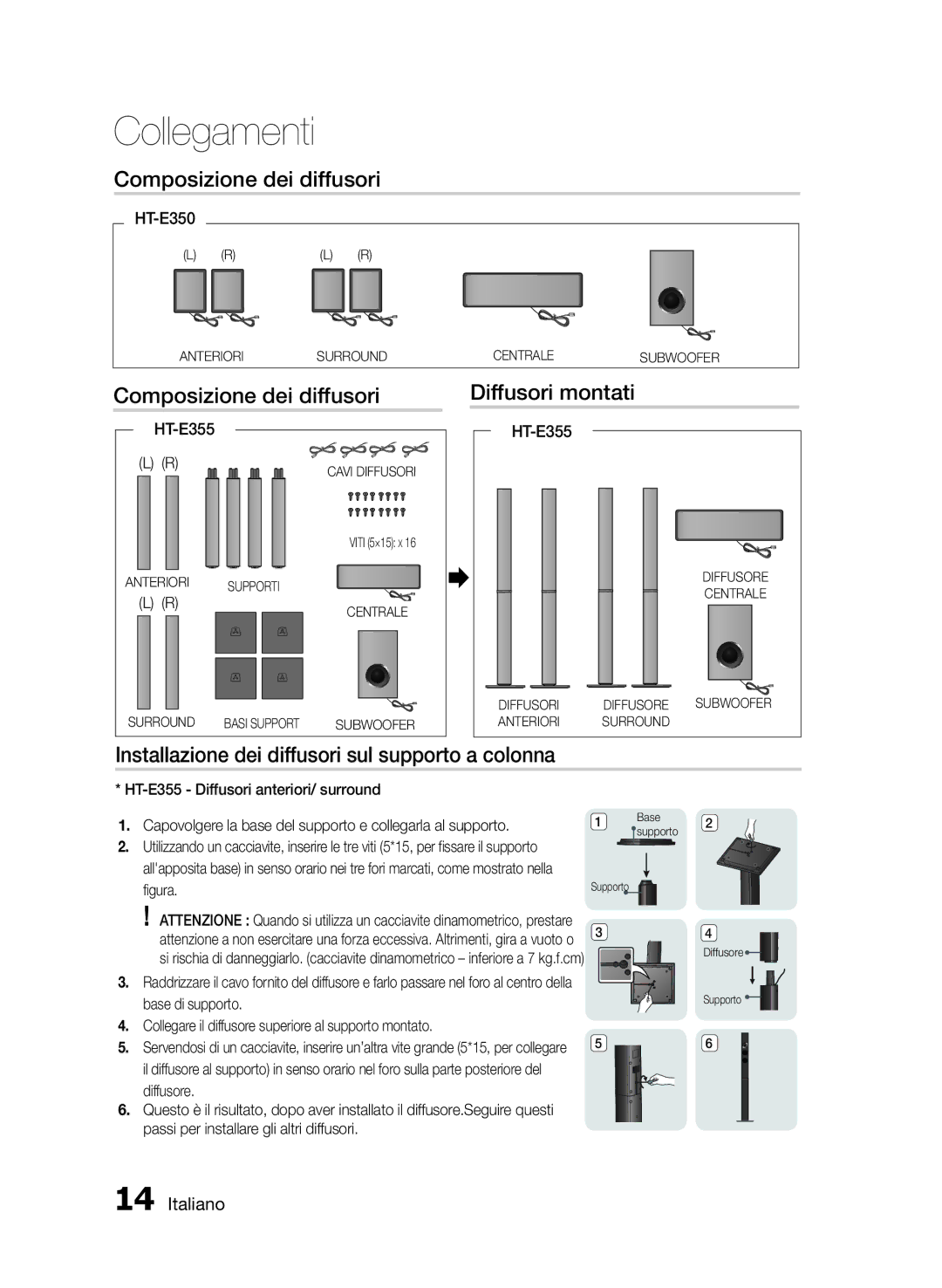 Samsung HT-E355/ZF Composizione dei diffusori Diffusori montati, Installazione dei diffusori sul supporto a colonna 