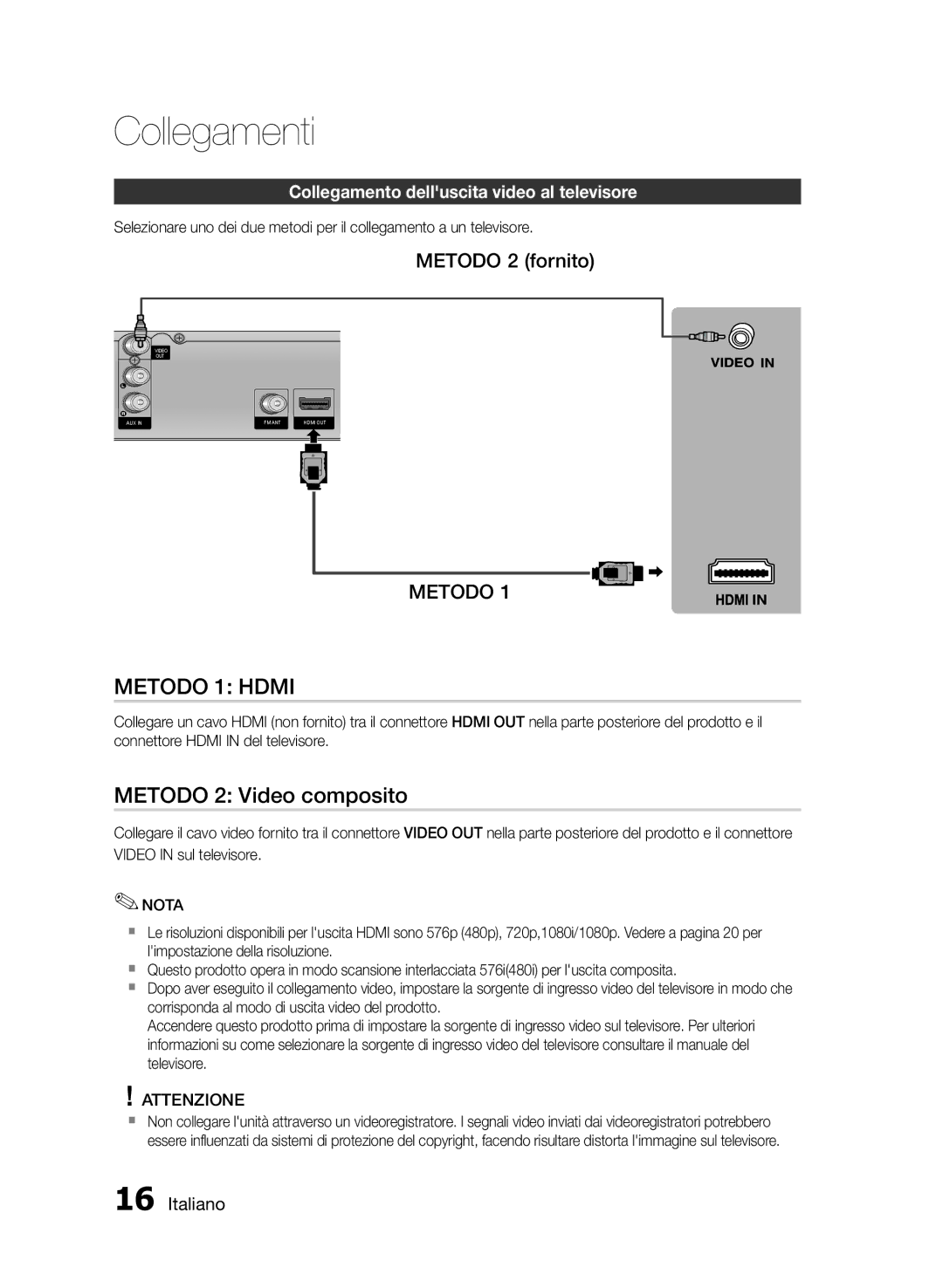 Samsung HT-E350/ZF Metodo 1 Hdmi, Metodo 2 Video composito, Metodo 2 fornito, Collegamento delluscita video al televisore 