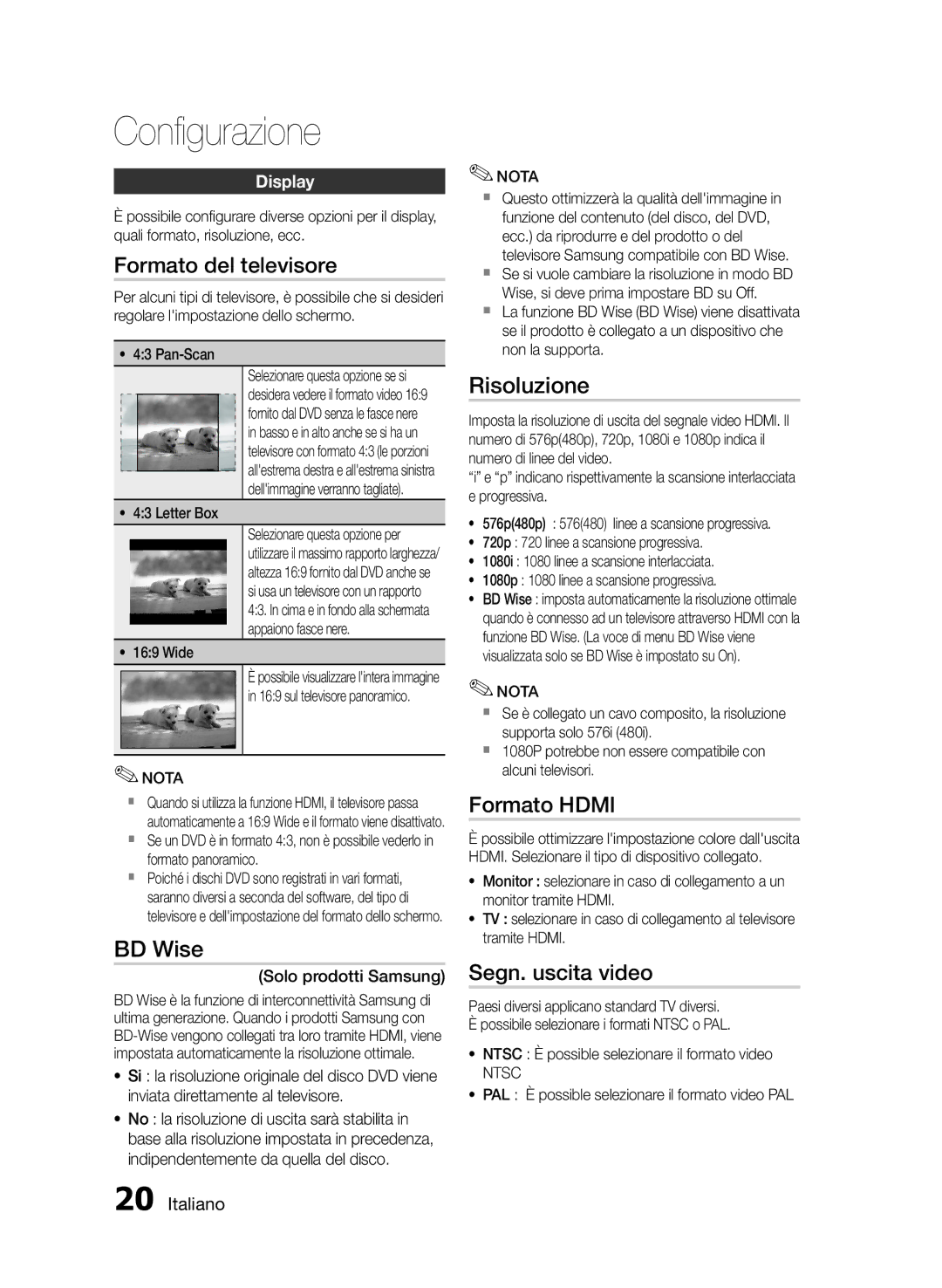 Samsung HT-E355/ZF, HT-E350/ZF manual Configurazione, Formato del televisore, Risoluzione, Formato Hdmi, Segn. uscita video 