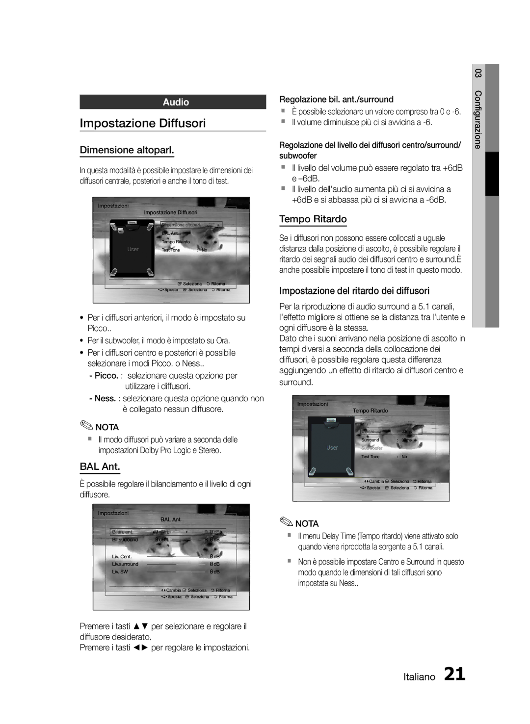 Samsung HT-E350K/ZN, HT-E350/ZF, HT-E355/ZF manual Impostazione Diffusori, Dimensione altoparl, BAL Ant, Tempo Ritardo 