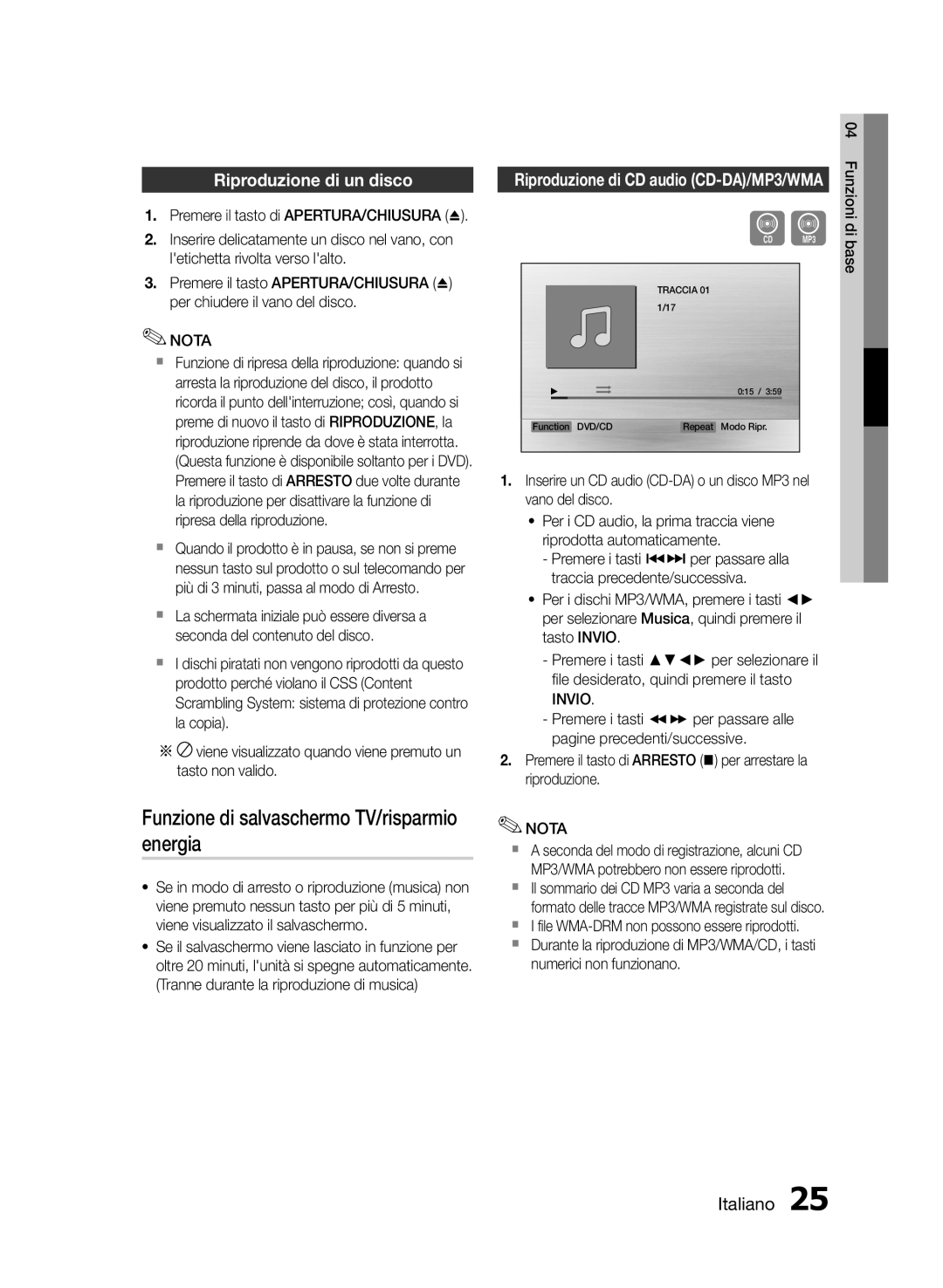 Samsung HT-E350/ZF manual Funzione di salvaschermo TV/risparmio energia, Riproduzione di un disco, Numerici non funzionano 