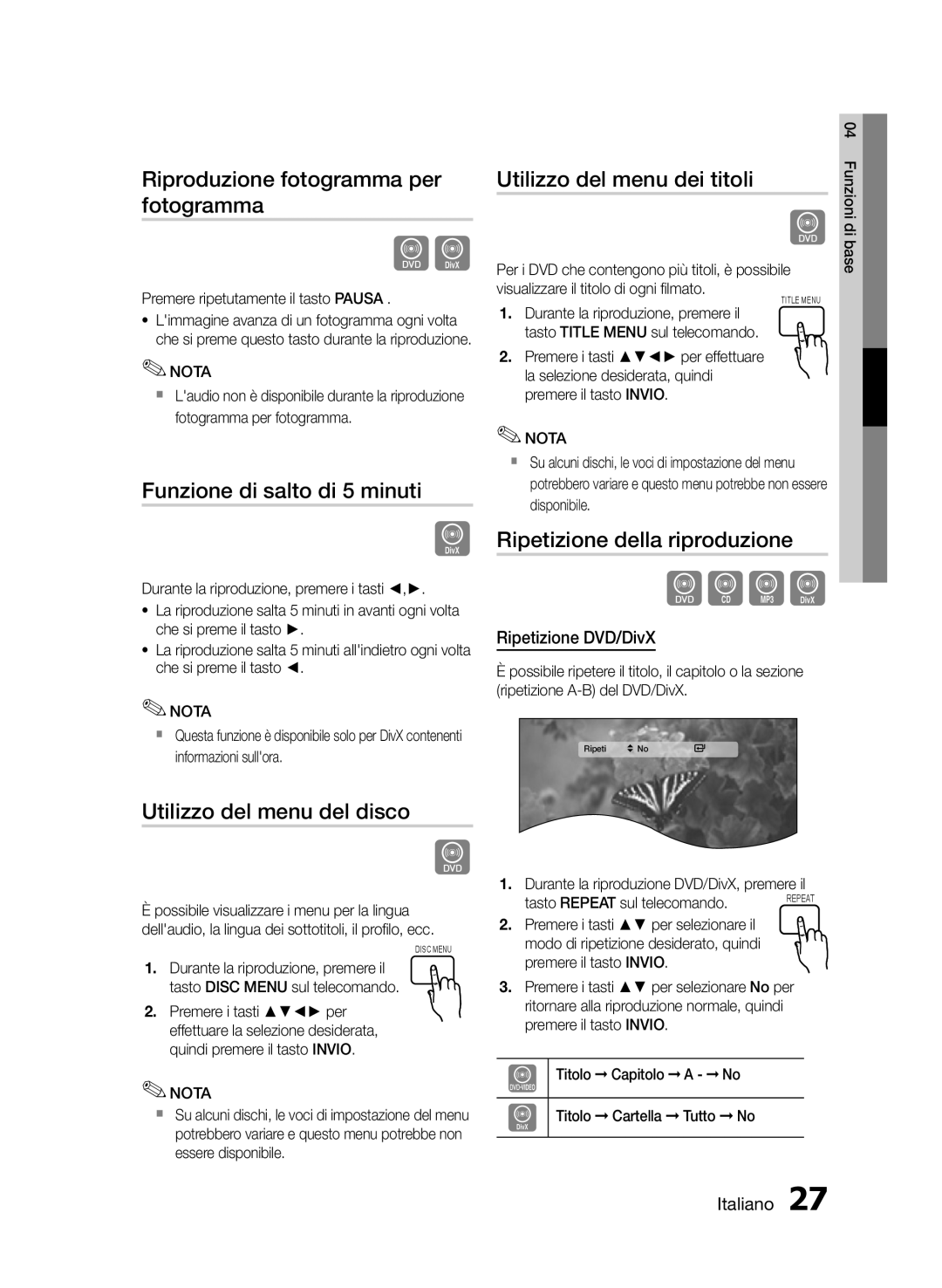 Samsung HT-E350K/ZN Riproduzione fotogramma per fotogramma, Funzione di salto di 5 minuti, Utilizzo del menu del disco 